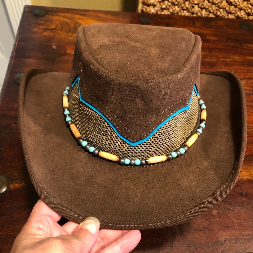 Sierra Brown Suede Leather Mesh Western Cowboy Outback Hat Size S